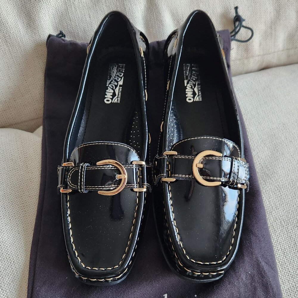 *NEW* Salvatore Ferragamo Black Buckle-Strap Patent Loafers - US 6 / 36